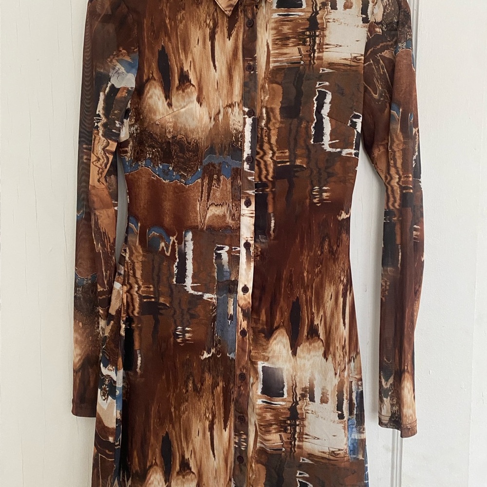 12th Tribe Brown and Blue Artistic Long Sleeve Dress